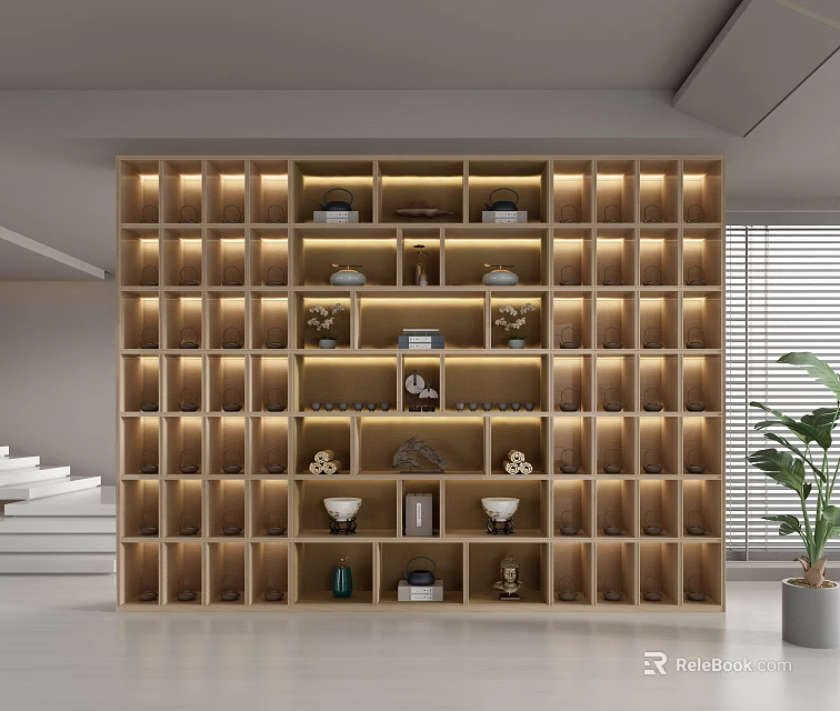 Large Grid Shelving Unit with Decorative Bowls Books and Ornaments Illuminated in Modern Bright Interior 3d model 