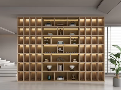 Large Grid Shelving Unit with Decorative Bowls Books and Ornaments Illuminated in Modern Bright Interior 3d model