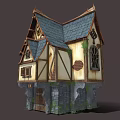 Fantasy Medieval House With Blue Tile Roof Wooden Structure And Stone Base