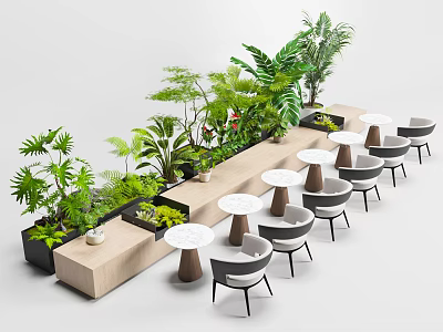 Stylish Plant Combination In Outdoor Relaxation Space With Wooden Planter Round Tables And Gray Chairs 3d model