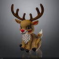 Cute Christmas Reindeer Figurine With Brown Antlers Red Nose White Belly Sitting On Black Surface