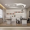 Modern Office Interior Design With Curved Sofa Bookshelves Potted Plant And City View