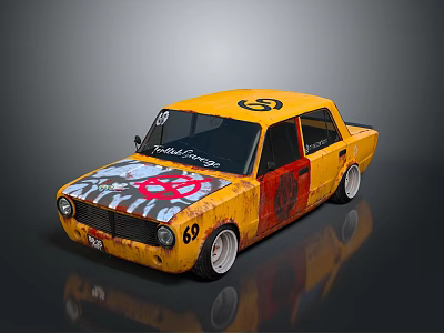 Vintage Yellow Car With Graffiti Art Number 69 And Worn Exterior Design 3d model