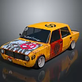 Vintage Yellow Car With Graffiti Art Number 69 And Worn Exterior Design