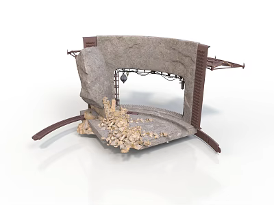 Damaged Building Structure With Stone Wall Brick Debris And Metal Frame 3d model