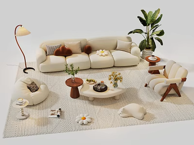 Modern Beige Sofa And Coffee Table Combination With Armchair Floor Lamp And Potted Plant On Rug 3d model