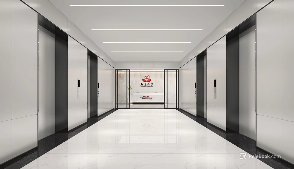Modern Elevator Lobby Interior With Multiple Doors Marble Floor And Ceiling Lights 3d model