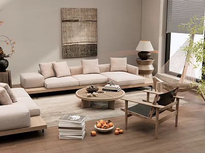 Modern Minimalist Sofa and Coffee Table Set in Neutral Tones Living Room with Decorative Painting 3d model