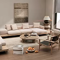 Modern Minimalist Sofa and Coffee Table Set in Neutral Tones Living Room with Decorative Painting