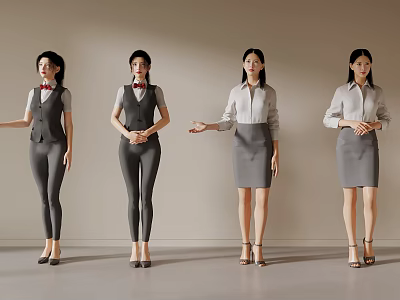Group of Women Posing in Professional Attire with Vests Shirts Skirts and Heels 3d model