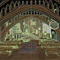 Medieval Architectural Interior With Arched Wooden Roof Trusses Stone Walls And Wooden Benches