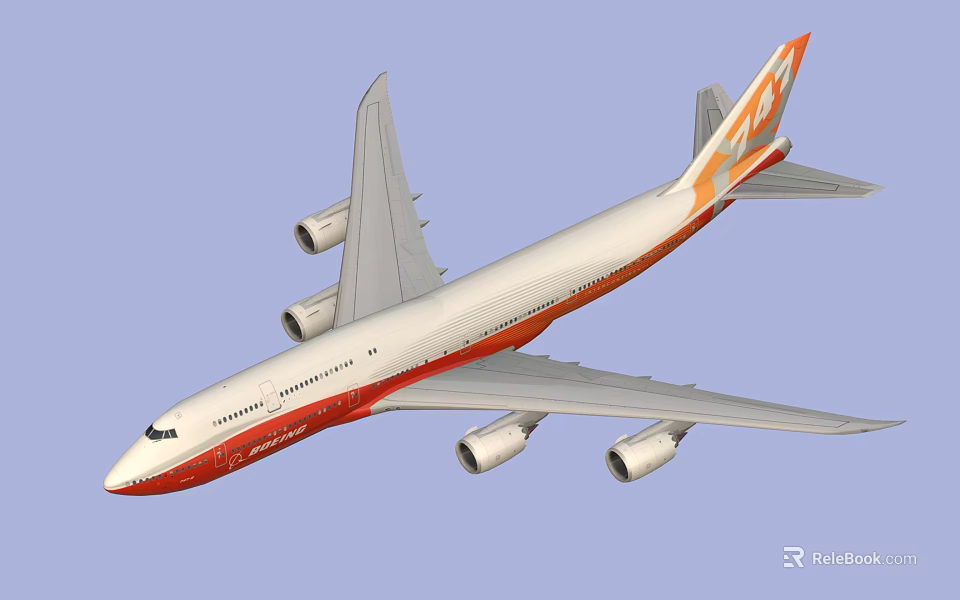 Commercial Passenger Airplane With White Fuselage Orange Tail And Four Engines 3d model 