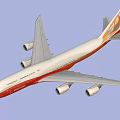Commercial Passenger Airplane With White Fuselage Orange Tail And Four Engines