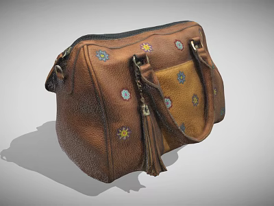Brown Leather Handbag With Embroidered Sun Flower Patterns And Tassel Decoration 3d model