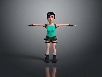 Female Game Movie Character With Short Hair Green Tank Top Black Shorts And Arms Outstretched 3d model