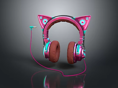 Stylish Cat Ear Wired Headphones With Pink And Blue Electronic Design 3d model