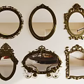 Different Shaped Ornate Vintage Mirrors with Decorative Frames on White Wall 3d model