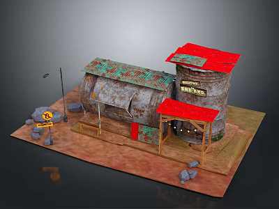 Oil Tank Converted Building Model With Red Roof Stones And Workshop Sign 3d model