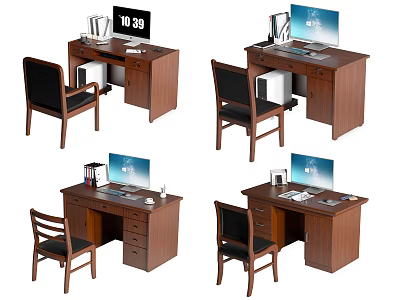 Wooden Office Desk With Chair Computer Monitor Keyboard Lamp And Clock 3d model