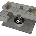White Sectional Sofa With Brown Throw Pillows Round Coffee Table And Gray Rug 3d model
