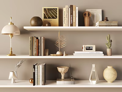 Stylish Decorative Ornaments Set On White Shelves With Books Lamps Sculptures And Vases 3d model