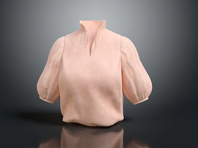 Stylish Women's Light Pink Blouse with Stand Collar and Puffed Sleeves in Lightweight Fabric 3d model