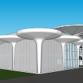 Modern Architectural Design With White Curved Roof Structures Glass Curtain Walls And Spiral Staircase