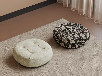 Light Colored Button Tufted and Dark Floral Patterned Round Stools on Beige Carpet 3d model