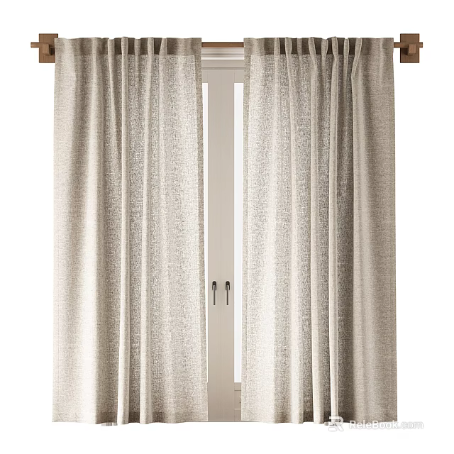 Stylish Beige Linen Curtains Hanging Over White Door With Textured Design 3d model 