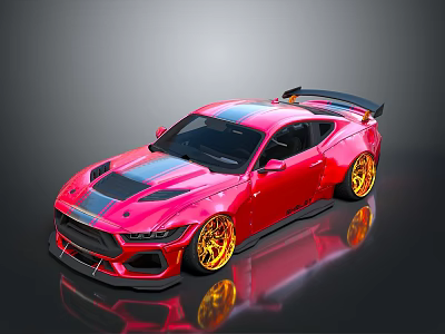 Red Sports Car With Pink And Black Stripes Gold Wheels And Rear Spoiler 3d model