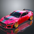 Red Sports Car With Pink And Black Stripes Gold Wheels And Rear Spoiler