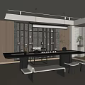 Modern Tea Room Interior With Long Wooden Table Open Shelves Tea Sets And Natural Light