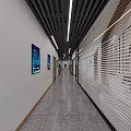 Modern Office Hallway Interior Design With Glass Partitions Ceiling Light Strips And Gray Floor Tiles