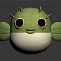Cartoon Style Green Pufferfish Character With Big Yellow Eyes Spikes White Belly and Green Fins