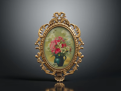 Golden Carved Oval Frame Decorative Painting With Blue Vase And Pink White Flowers 3d model