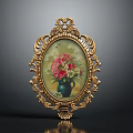 Golden Carved Oval Frame Decorative Painting With Blue Vase And Pink White Flowers