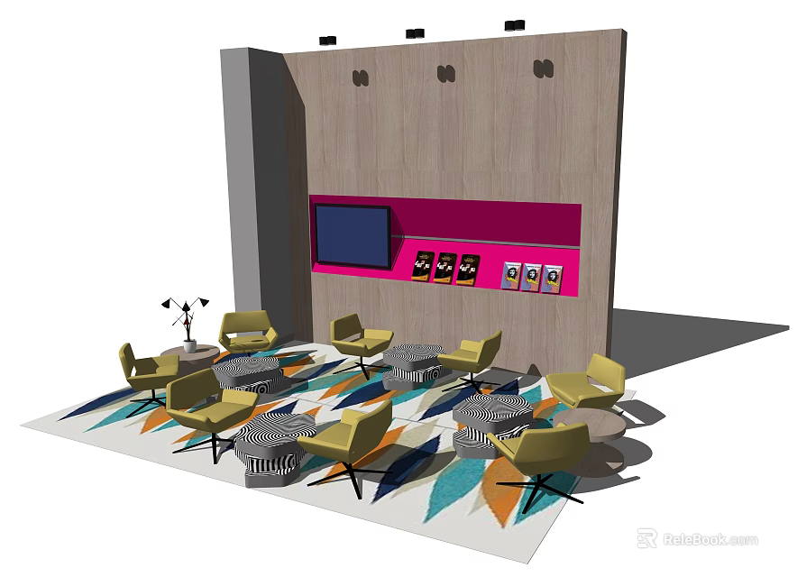Modern Exhibition Space With Yellow Chairs Round Tables Wooden Backdrop And Colorful Carpet 3d model 