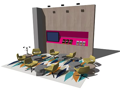 Modern Exhibition Space With Yellow Chairs Round Tables Wooden Backdrop And Colorful Carpet 3d model