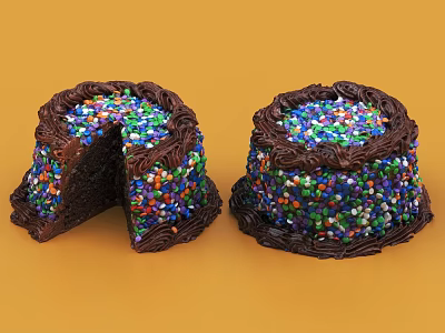 Chocolate Cake with Colorful Sprinkles Frosted Top and Sliced Piece on Orange Background 3d model