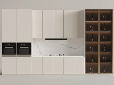 Modern Kitchen With White Cabinets Marble Countertop Built-in Appliances And Wine Glass Storage 3d model