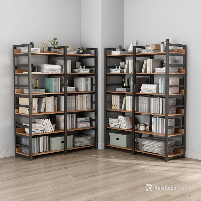 Modern Wooden and Metal Shelving Unit with Multiple Tiers Books Storage Boxes and Decorative Items 3d model 