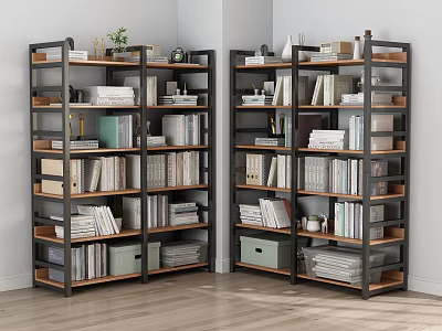 Modern Wooden and Metal Shelving Unit with Multiple Tiers Books Storage Boxes and Decorative Items 3d model
