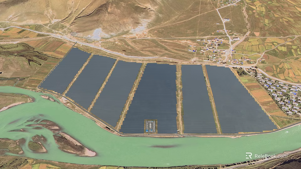 Aerial View Of Large Scale Solar Power Farm Along The Green Riverside Rural Mountainous Landscape 3d model 