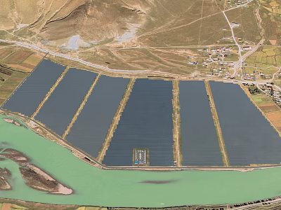 Aerial View Of Large Scale Solar Power Farm Along The Green Riverside Rural Mountainous Landscape 3d model
