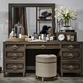 Vintage Brown Wooden Dressing Table with Drawers Mirror Cloche and Cosmetics