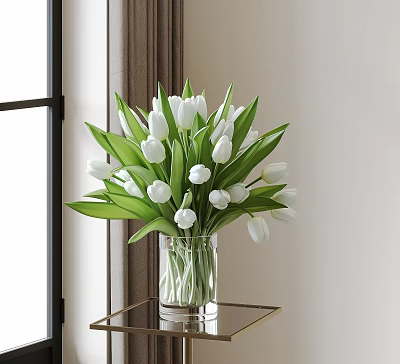 White Tulips With Green Leaves In Transparent Vase On Gold Metal Table By Window 3d model