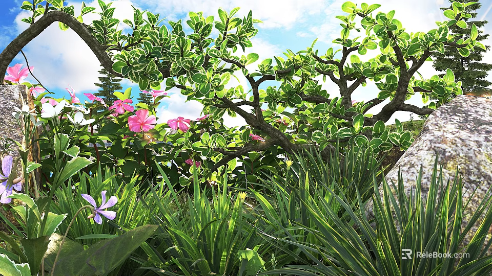 Lush Green Shrubs with Pink Purple Flowers and Grassy Area in Natural Garden Setting 3d model 