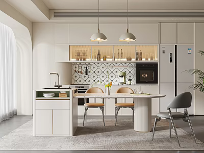 Modern Restaurant Dining Area With Round Table Chairs Pendant Lights And Cabinetry 3d model