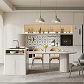 Modern Restaurant Dining Area With Round Table Chairs Pendant Lights And Cabinetry