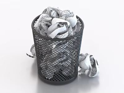 Black mesh trash can filled with crumpled waste paper and scattered paper balls 3d model